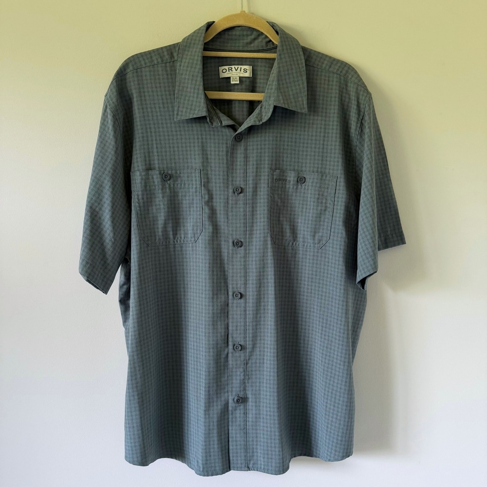 Orvis Mens XL SS Button Down Shirt Blue Green Plaid Hiking Travel Pockets‎ Lite